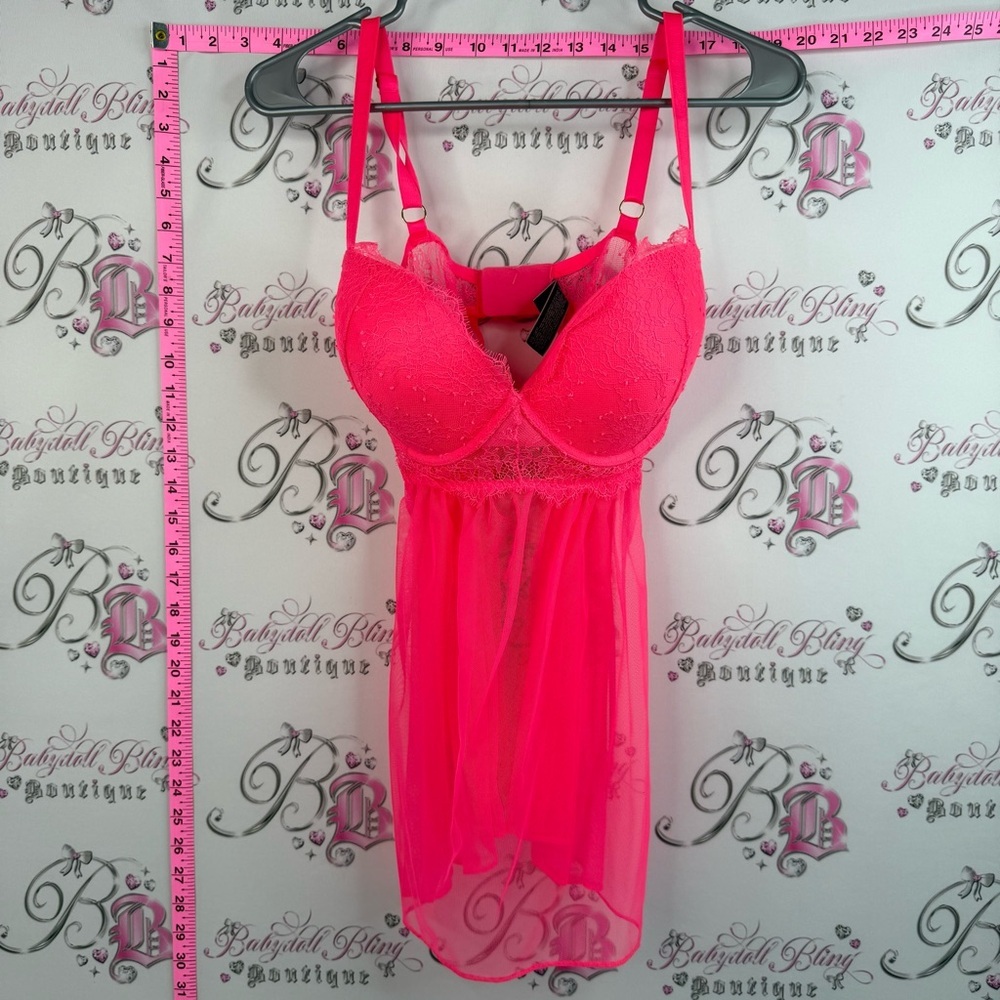 Victoria's Secret tank top mini dress lace neon Hot Pink Lace & Mesh Chemise